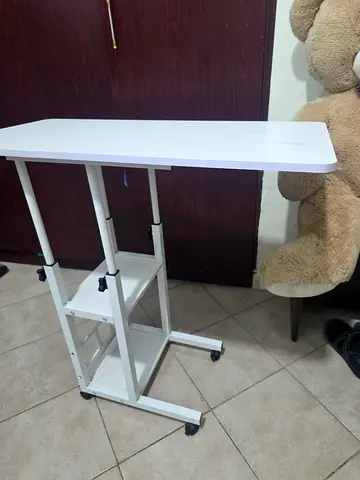 Adjustable White Mobile Bedside/Overbed Table on Wheels