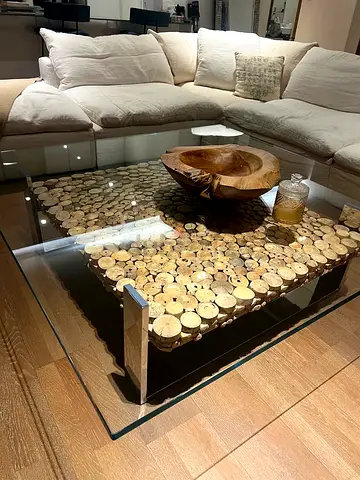 Marina Home Driftwood Glass-top coffee table with natural wood log inlay — large square 150x150cm