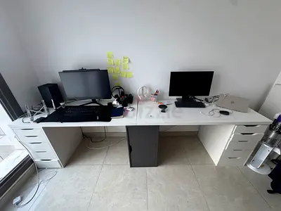 Large White Desk with Drawer Units — Double Workstation. Only workstation computer not included