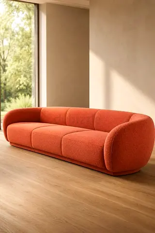 Modern Curved 3-Seater Sofa in Orange Upholstery
