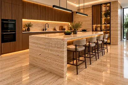 Luxury Travertine Kitchen | Bespoke Design & Premium Fitout