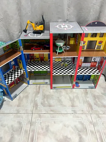 Wooden Dollhouse / Playset with Garage, Helicopter Pad and Accessories