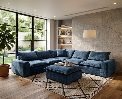 Classic Blue Fabric Sofas with Elegant Wingback Backs. Total 6 Pieces.