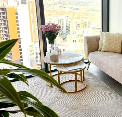 Coffee table set, white with rose golden legs. Carpet and sofa also available