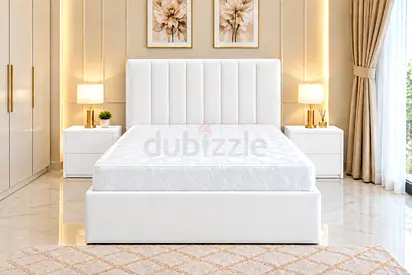 New White upholstered double bed with headboard and storage base twin bed