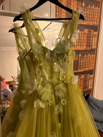 Light green tulle dress with 3D floral appliqués, size S-M