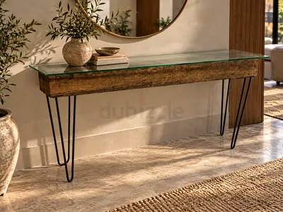 Rustic Industrial Wooden Console Table with Glass Top