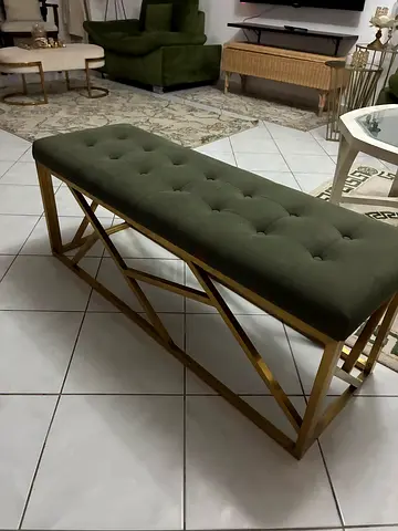 Olive Green Tufted Bench with Gold Geometric Frame