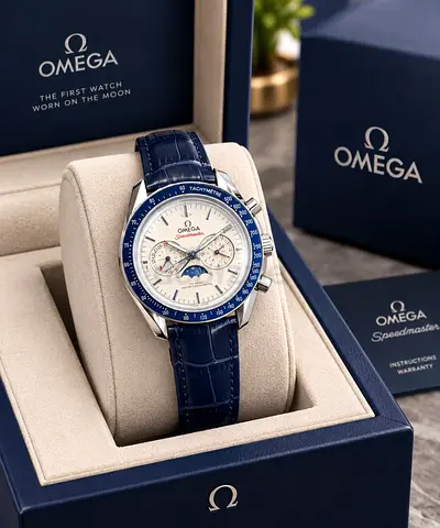 Omega Speedmaster Moonphase Chronograph - Blue Leather Strap, Complete Set