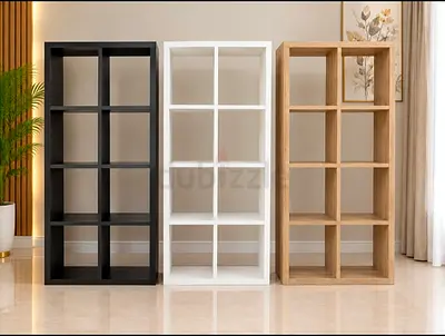 Three tall 3x4 cube shelving units - black, white, oak (good condition)