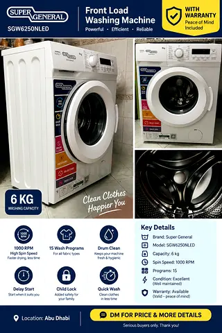 Super General 6kg Front Load Washing Machine (SGW6250NLED) - Excellent Condition with Warranty