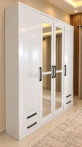White 4-Door Wardrobe with Mirrors and Drawers