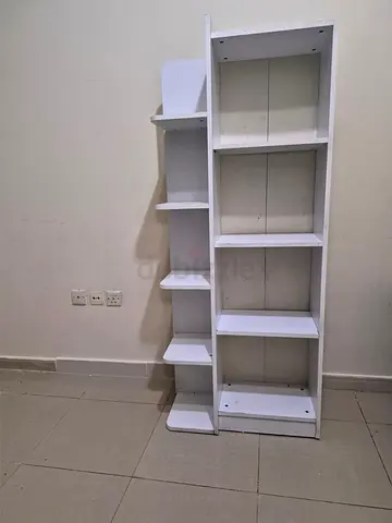 White tall bookshelf with side display shelves - good condition