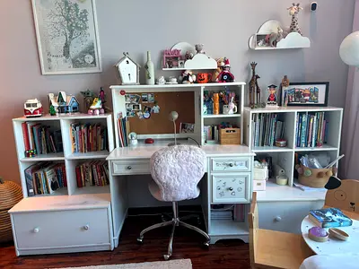 Pottery Barn- White kids study desk with shelving and drawers and wardrope - good condition