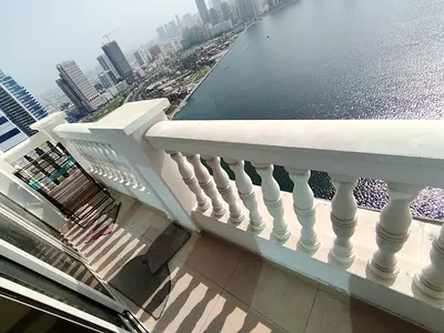3-bedroom apartment for annual rent in Al Majaz 1, Sharjah, with full sea view, gym, adult and kids' pools, jacuzzi and parking.