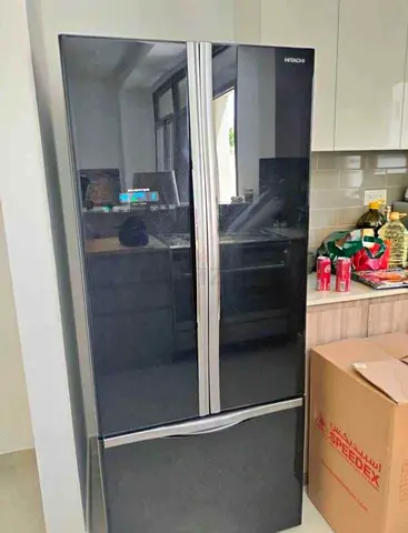 Hitachi French Door Refrigerator - Black Glass, Bottom Freezer (Good Used Condition)