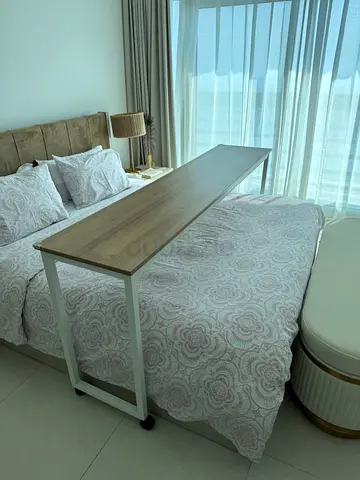 Overbed Adjustable Rolling Table with Wood Top and White Frame