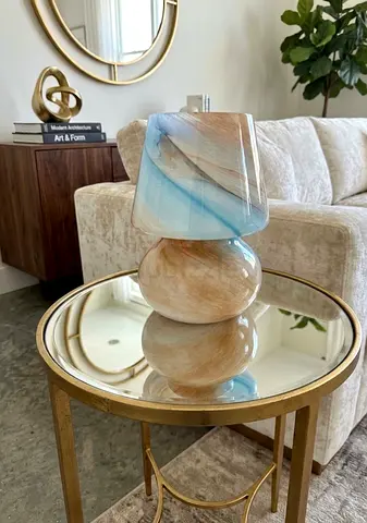 Handmade Swirl Glass Table Lamp — Blue & Beige Marble Effect