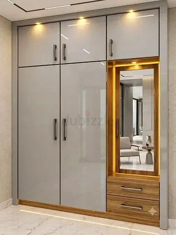 Modern gloss-finish built-in wardrobe with drawers