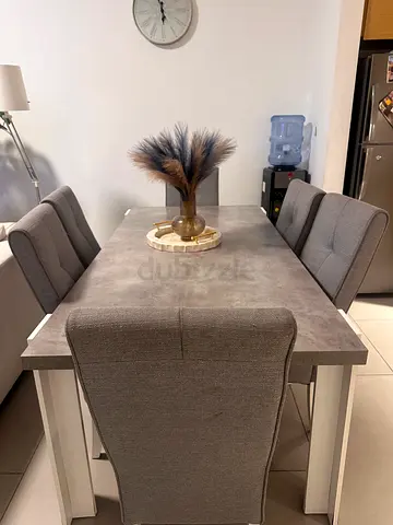 Grey dining table with 6 upholstered chairs - modern set