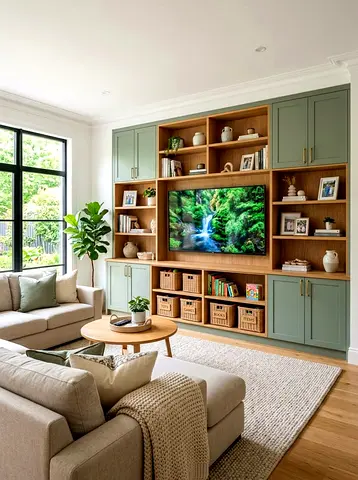 Built-in wooden entertainment center with green cabinets