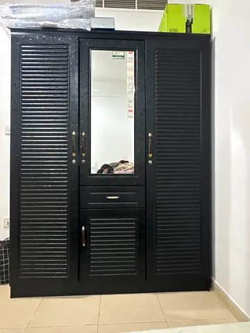 Dark wood 3-door wardrobe with shelves and hanging space - good condition