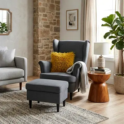 Grey Wingback Armchair with Matching Ottoman