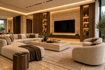 Luxury Living Room Fitout | Travertine & Walnut | Bespoke Design