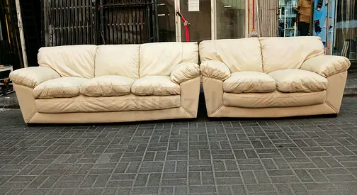 Beige Leather 3-Seater Sofa + 2-Seater Couch Set — Good Condition