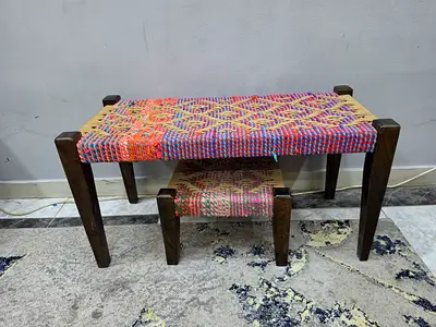 Handwoven Wooden Bench with Matching Footstool - Colorful Jute Seat