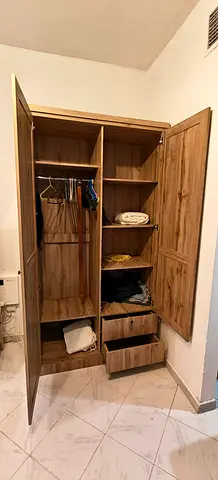 Wooden 3-Door Wardrobe with Shelves and Drawers - Good Condition