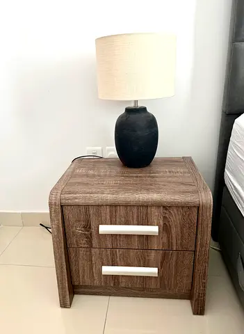 2 Two-drawer wooden nightstands with modern handles+ 2 table lamps