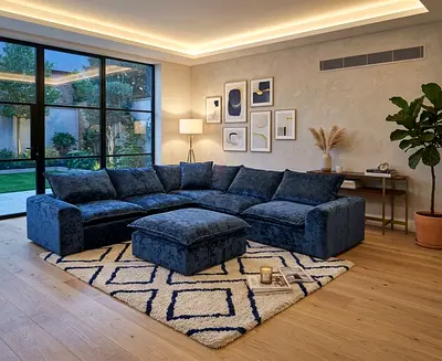 Elegant Blue Fabric Sofa Set, Perfect for Modern Home Interiors.