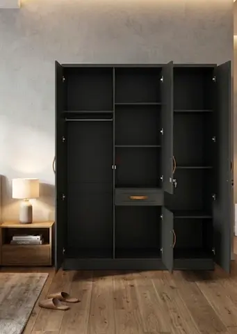Three-door Black Wardrobe / Armoire with Shelves and Drawer
