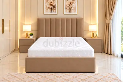 New Upholstered double bed frame with headboard - neutral beige twin bed