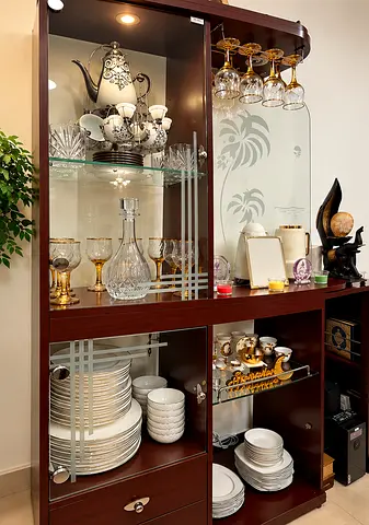 Elegant Wooden Display Cabinet with Glass Doors & Glass Holder: بوفيه خشبي جميل