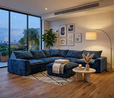 Beautiful Blue Sofa Collection with Comfortable Single Seats and Stool.