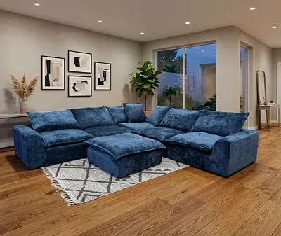 Modern Blue Sofa Set, 5 Single Sofa Pieces + 1 Stool.