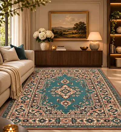 Teal Persian-style Area Rug - Wool Blend, Great Condition - 220x310 cm