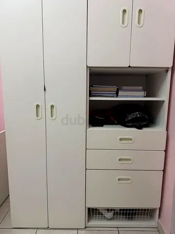 White ikea multi-compartment wardrobe with shelves and drawers - good condition