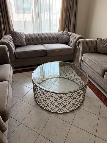 Elegant Grey Velvet Chesterfield Sofa Set – AED 1,500