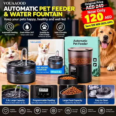 VOUAAOOD Automatic Pet Feeder & 2.4L Pet Water Fountain Combo Set