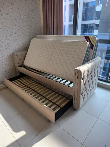 Day bed with pull out bed, with mattress and headboard - beige