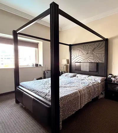 King-size Four-Poster Canopy Bed with Upholstered Headboard - Dark Wood
