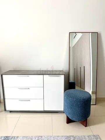 White 3-Drawer Dresser with Side Cabinet + Full-Length Mirror + stool with storage