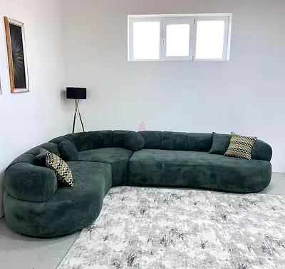 Large Curved Green Velvet Sectional Sofa — U-Shaped
