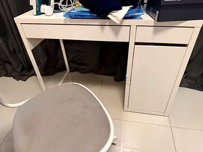 Compact white study desk with single drawer and cabinet with Revolving Chair