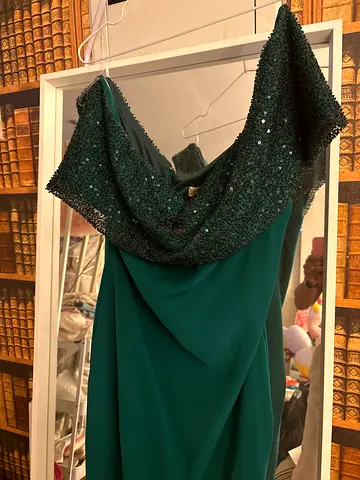 Emerald green sequined evening dress, size 42