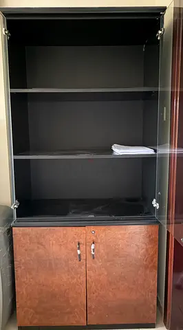 Two-tone wooden cabinet with shelves and lower storage (good condition) , glass door