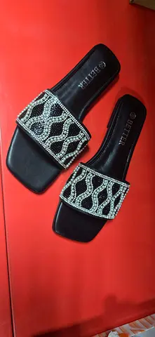 Black flat slide sandals with crystal embellishment - size EU 36 to 41 available